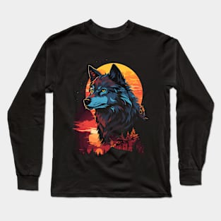 Wolf Against An Orange Forest Sunset Design Long Sleeve T-Shirt